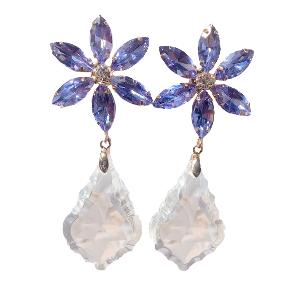 Crystal Purple Flower Water Drop Statement Earrings