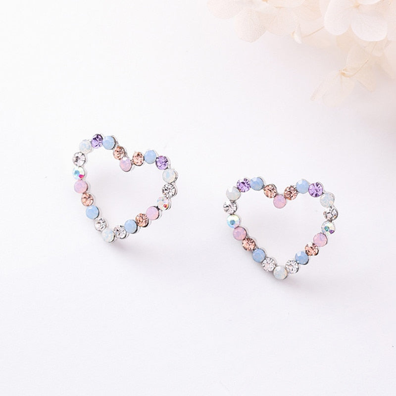 Multicolored Rhinestone Heart Stud Earrings