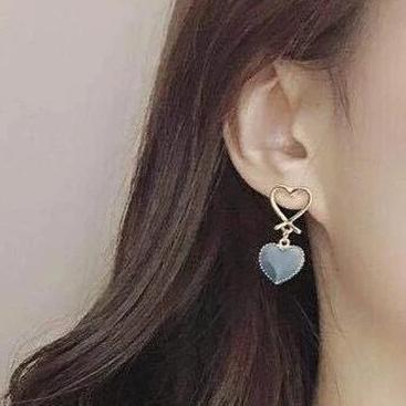 Blue Double Hearts Stud Drop Earrings