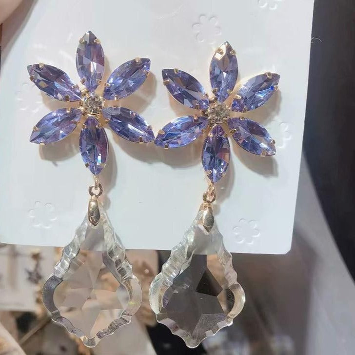 Crystal Purple Flower Water Drop Statement Earrings