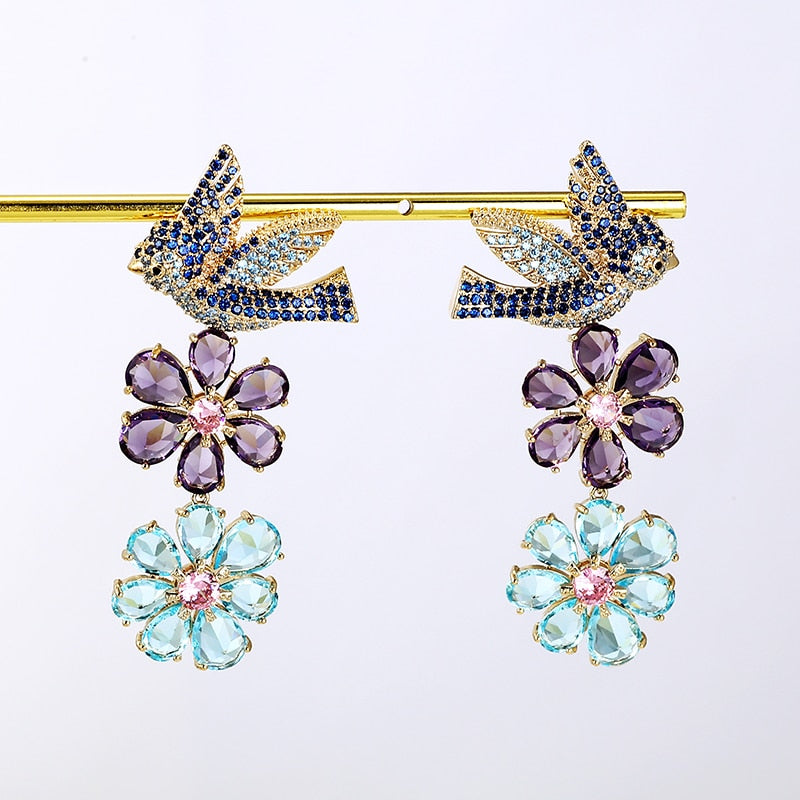 Luxe Crystal Bird and Flower Drop Earrings