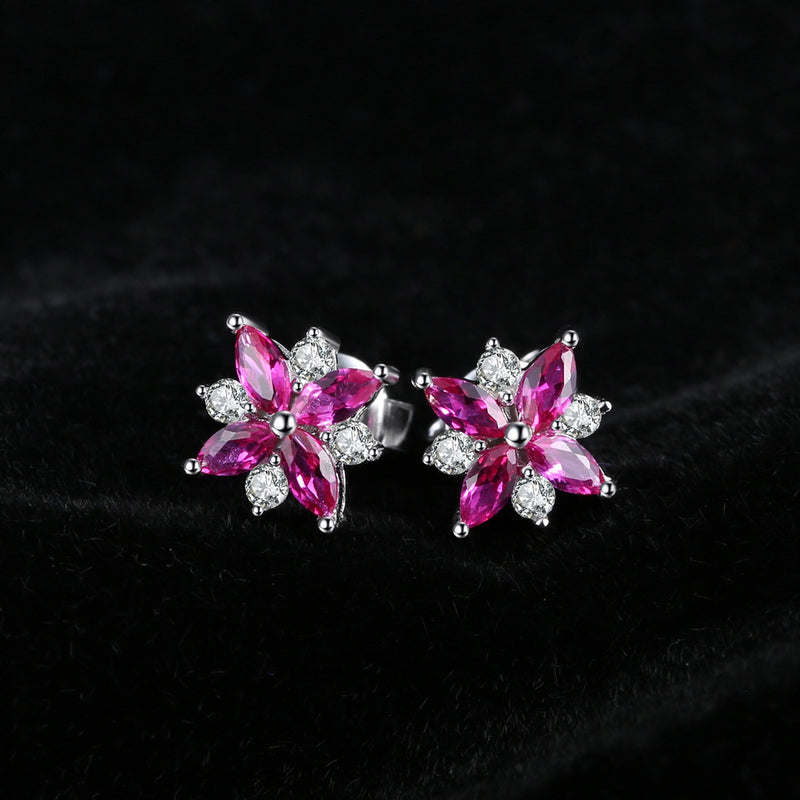 Pink Lily Flower Ruby Stud Earrings