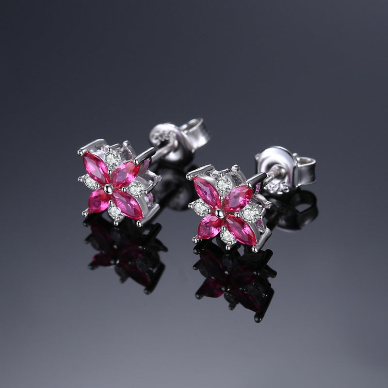 Pink Lily Flower Ruby Stud Earrings