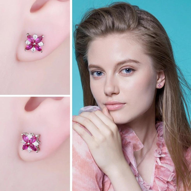Pink Lily Flower Ruby Stud Earrings