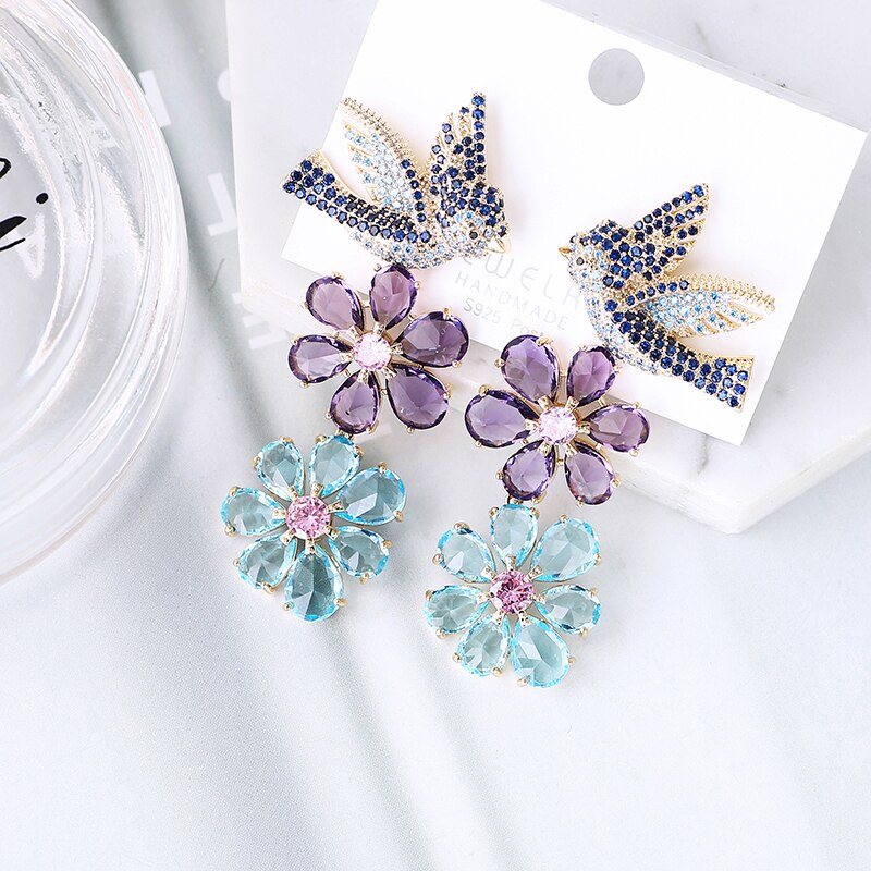 Luxe Crystal Bird and Flower Drop Earrings