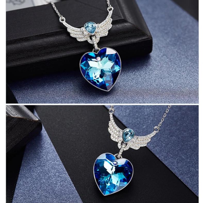 Angel Wings Crystal Heart Pendant - Blue / Green with 18
